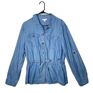 Womens Jacket Top Tie Front Button Lyocell Chambray Denim Roll Tab Sleeve Sz M